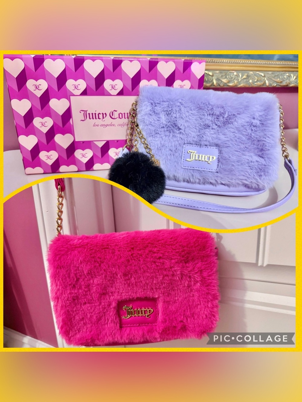Juicy Couture Free Love Faux Fur Crossbody Bag w/ Black Pom Pom Charm-Set of 2